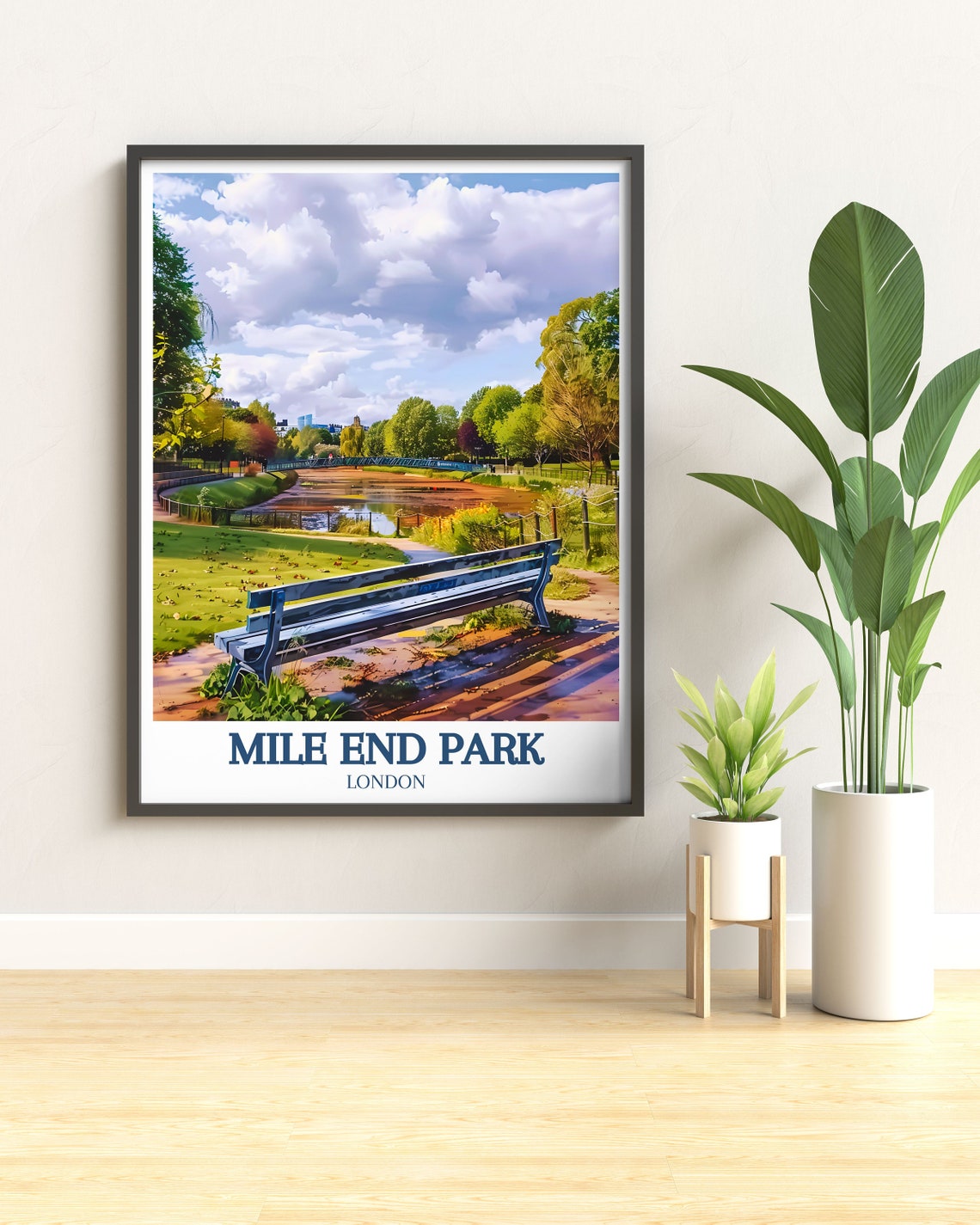 Mile End Park London Bench Overlooking Lake and Bridge Poster - Image 3