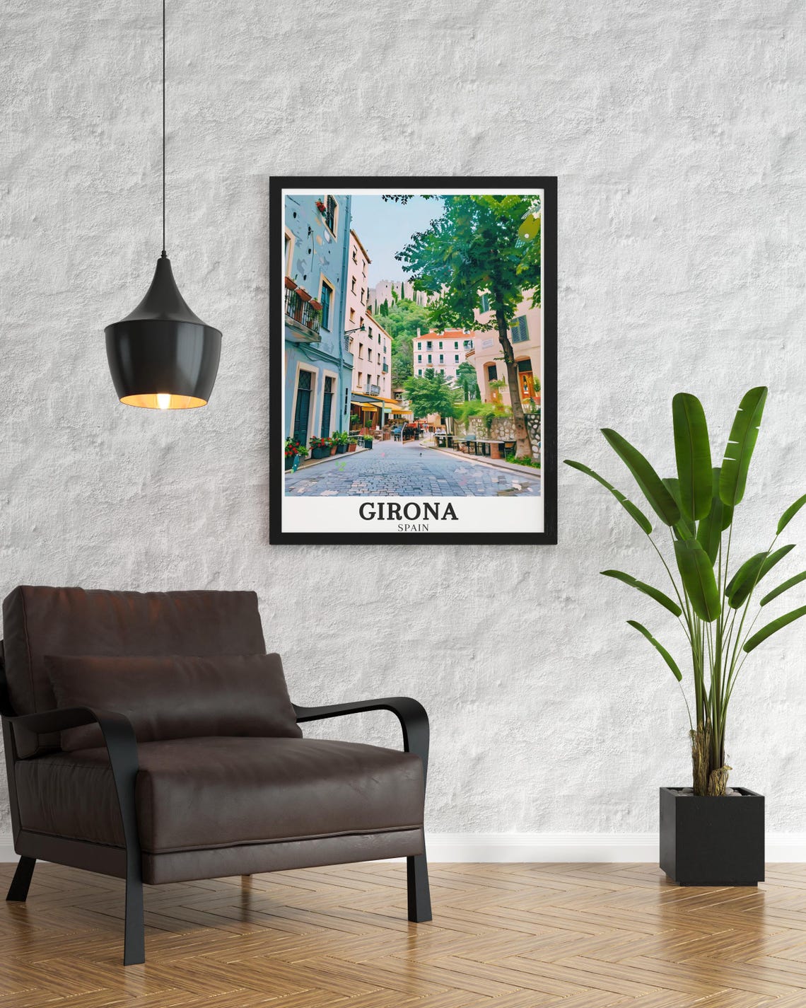 Girona Spain Cobblestone Old Town Street Cafe Scene Travel Poster - Image 3