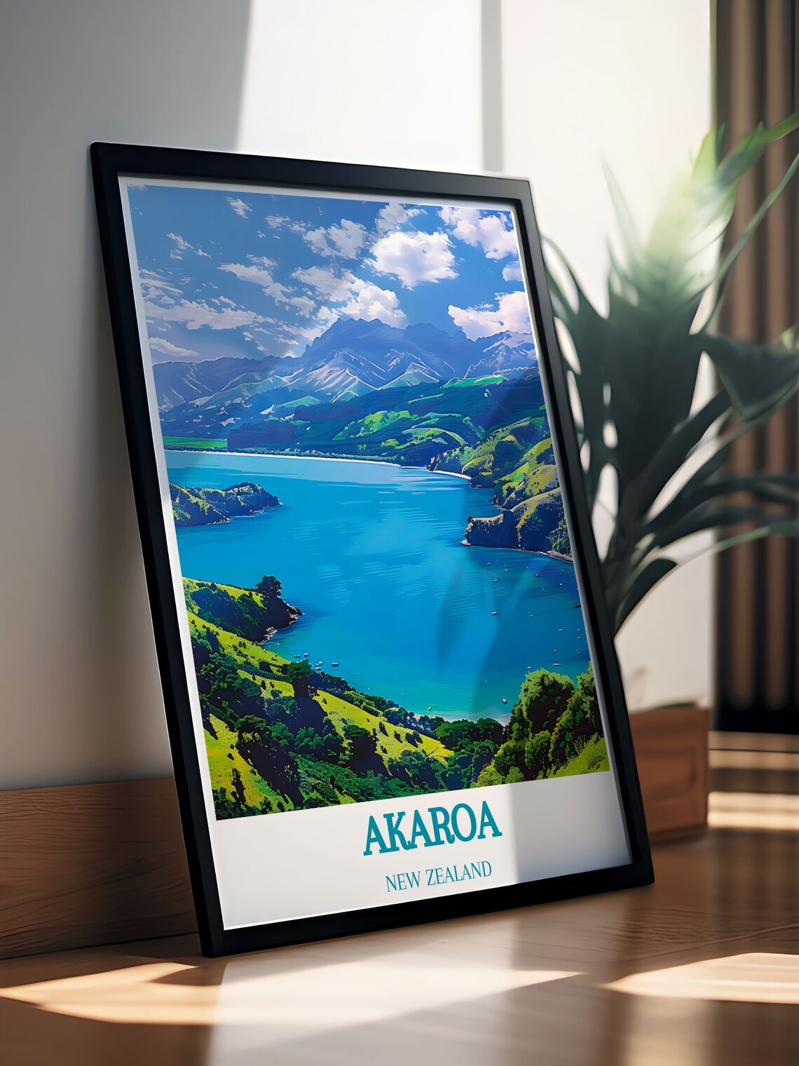 Akaroa New Zealand Harbour Aerial View Over Green Hills Poster - Image 4
