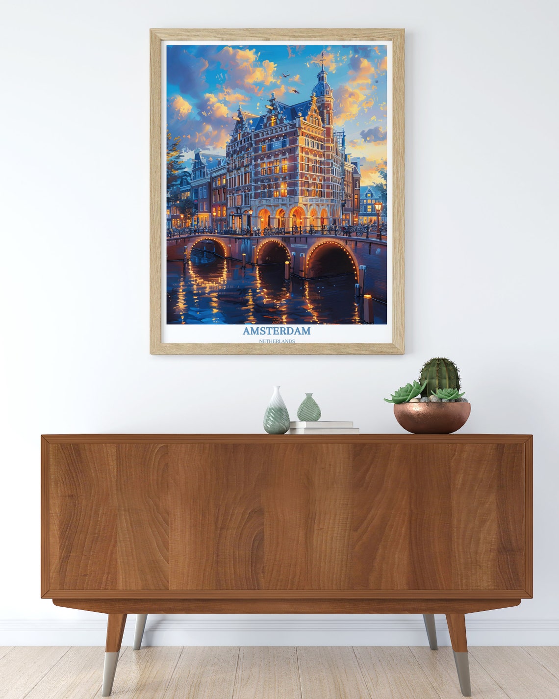 Amsterdam Canal House at Dusk with Lit Bridge Night Travel Poster - Image 3