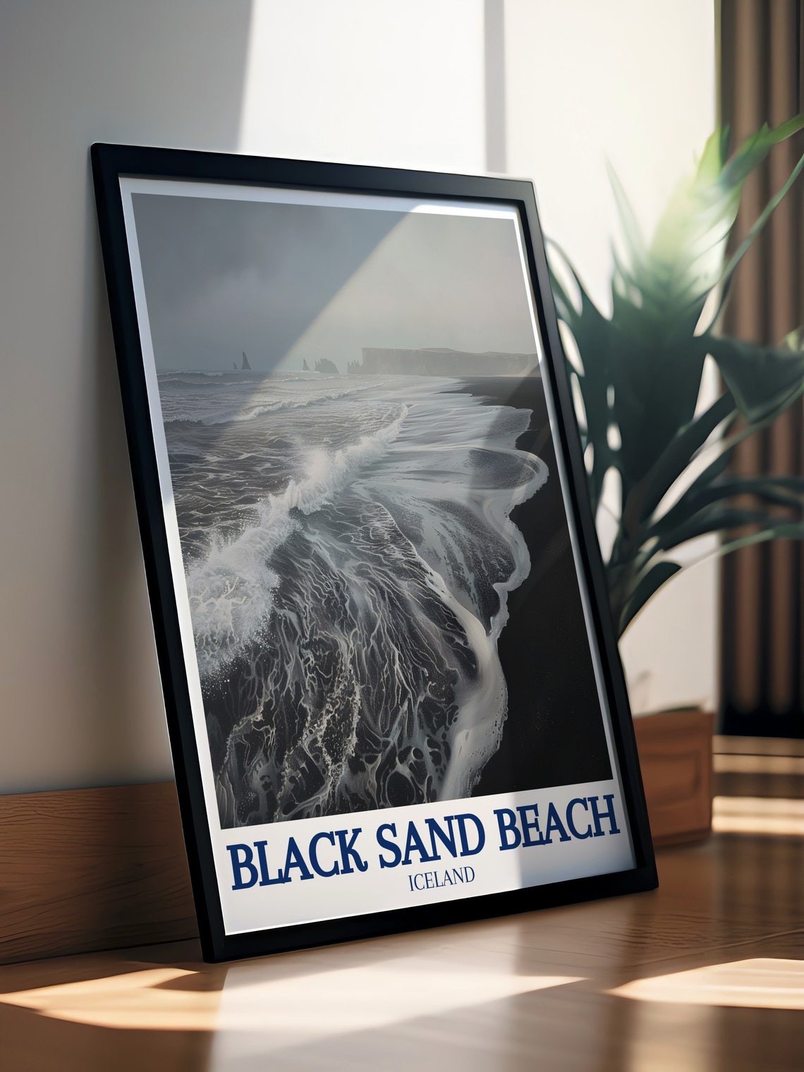 Iceland Black Sand Beach Poster Moody Monochrome Ocean Waves Art - Image 3