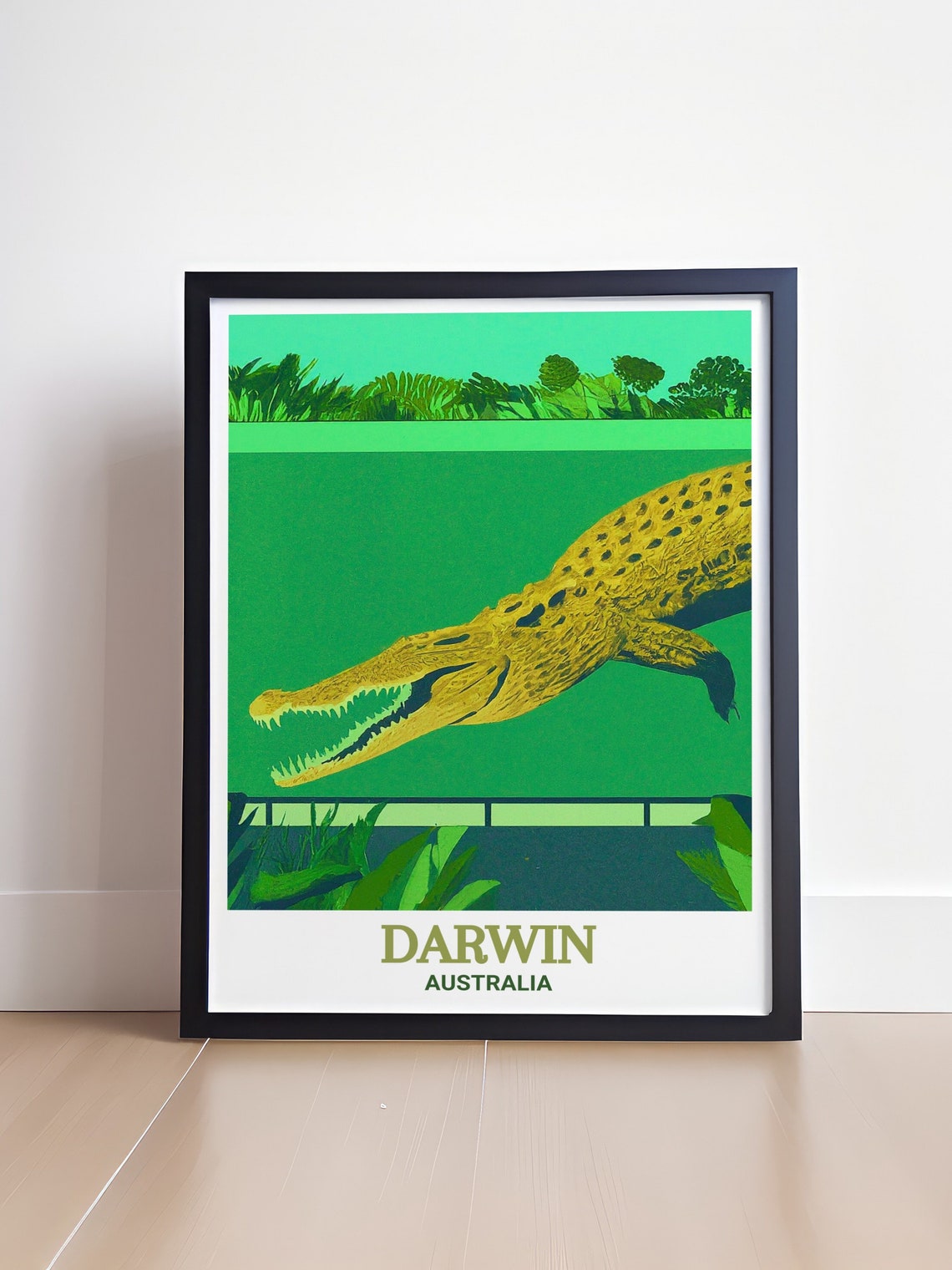 Darwin Australia Saltwater Crocodile Vivid Green Retro Art Poster - Image 4