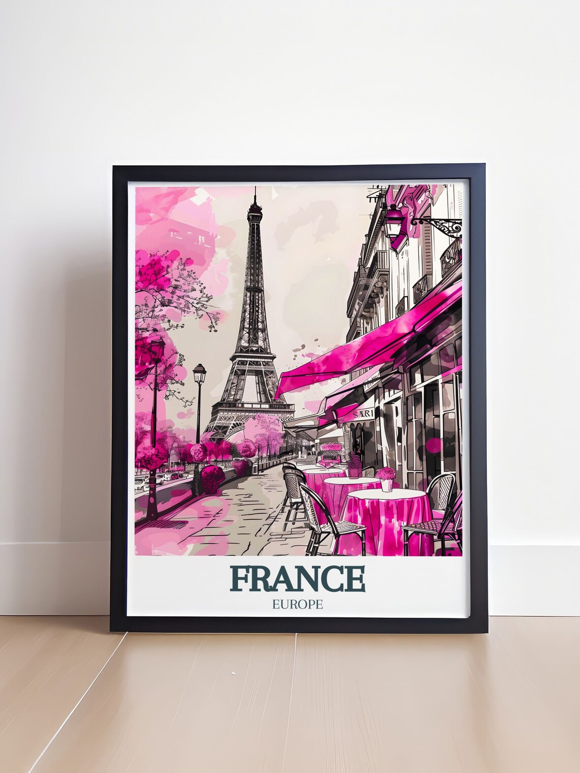 Eiffel Tower Paris Pink Cafe Terrace Watercolor Street Art Poster - Image 4