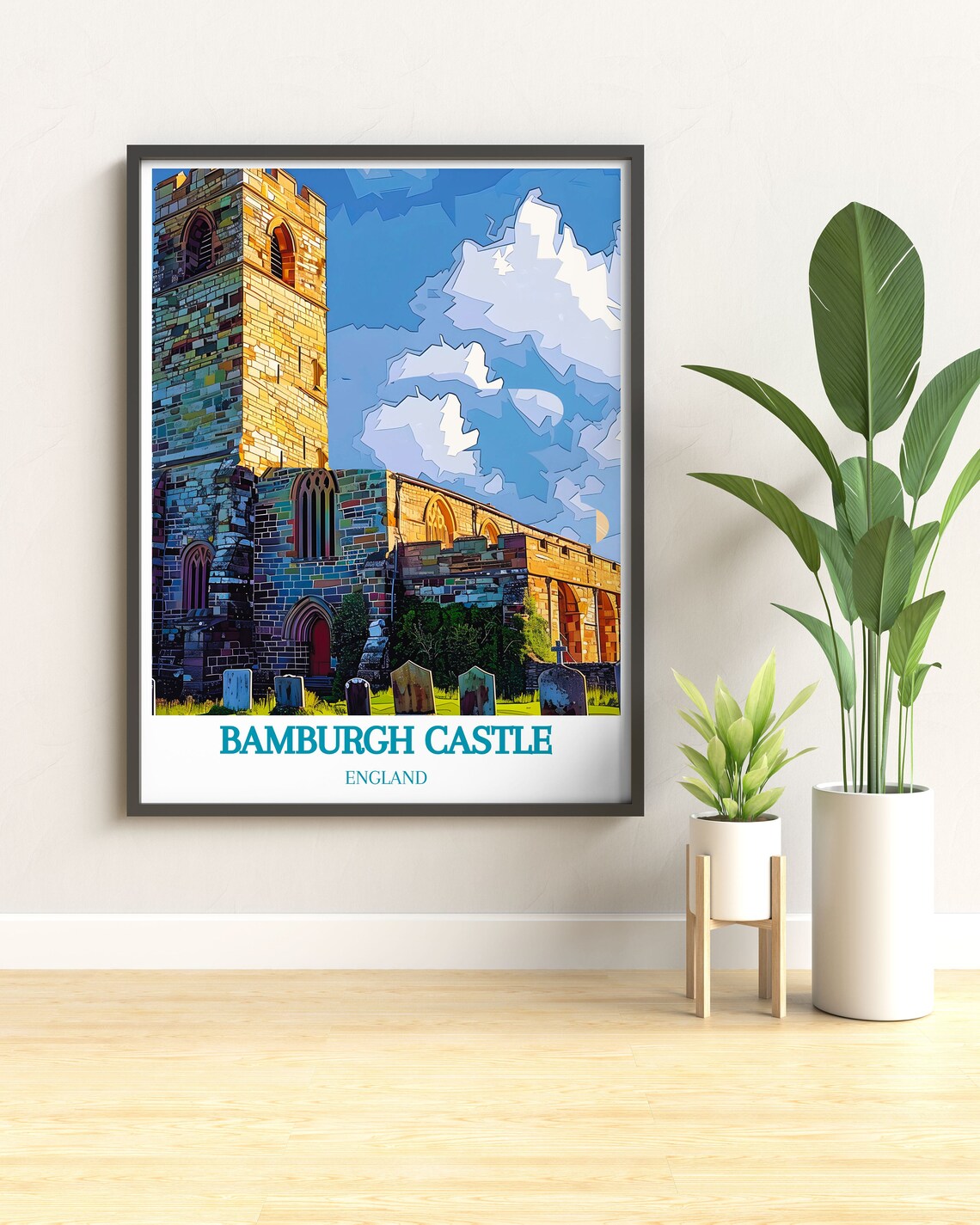 Bamburgh Castle England Travel Poster Historic Stone Church Tower - Image 3