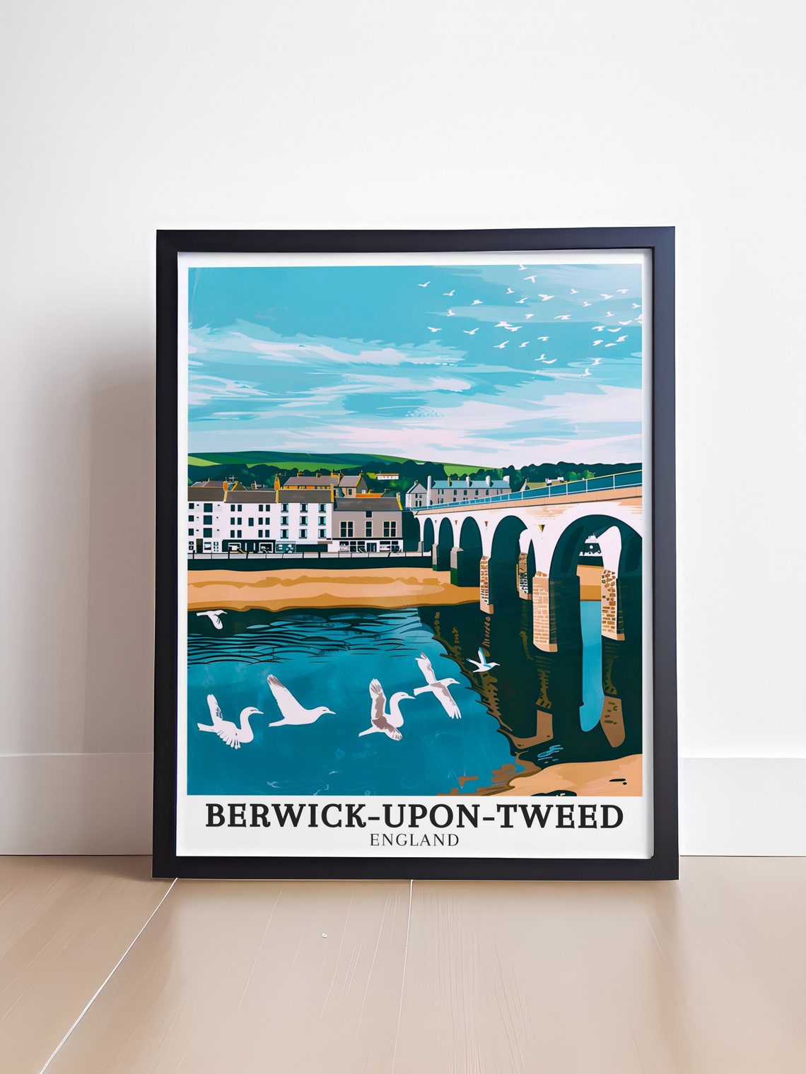 Berwick-upon-Tweed Bridge Arches and Soaring Seagulls Poster - Image 4