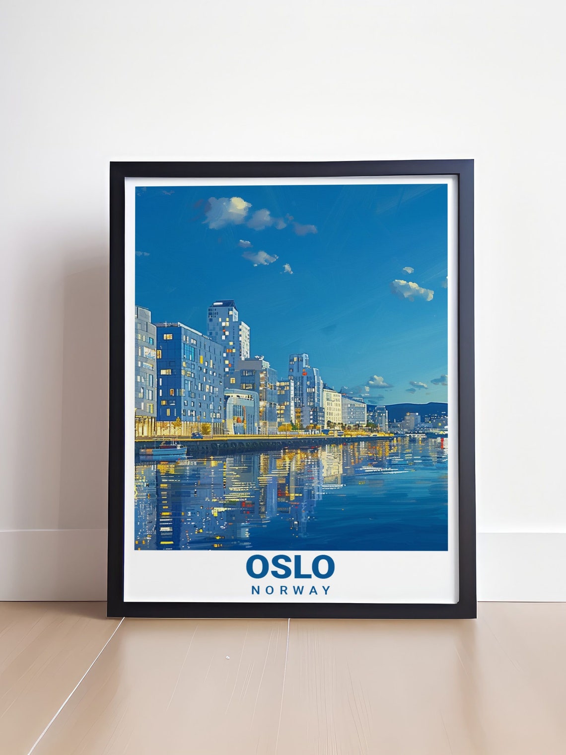 Oslo Barcode Waterfront Skyline Glowing at Night Norway Travel Poster - Image 4