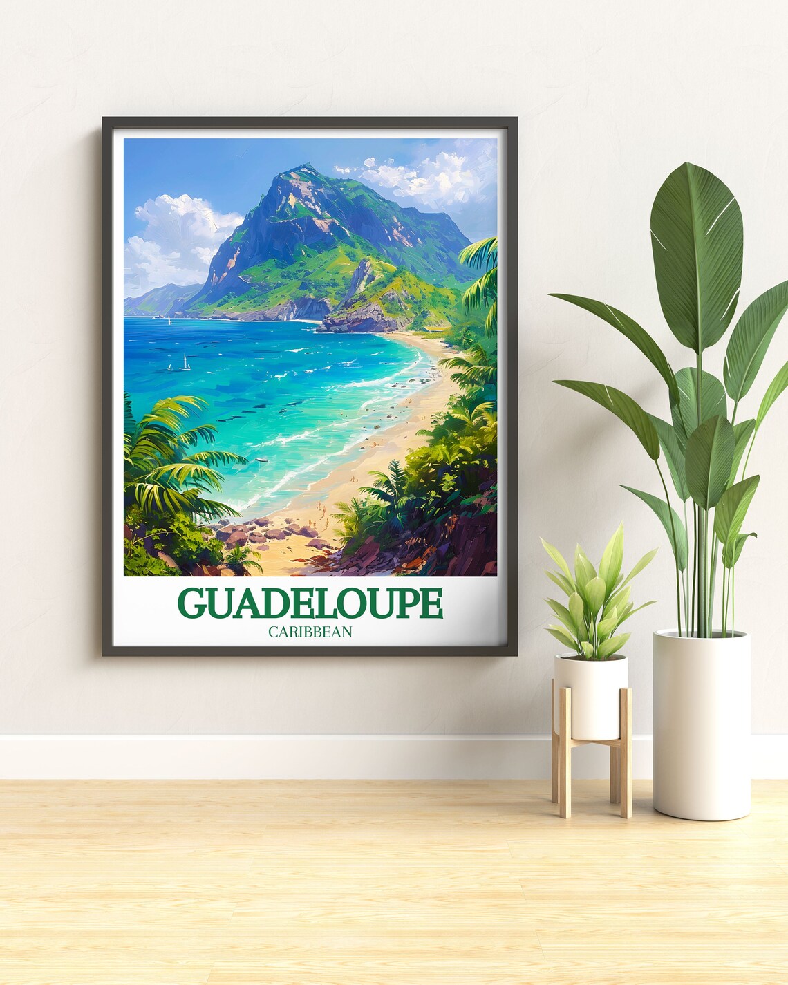 Guadeloupe Caribbean Volcano Beach Day Sailboats Travel Poster - Image 2