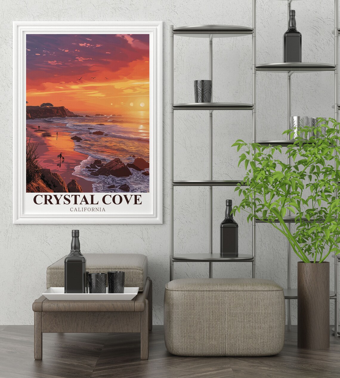 Crystal Cove Beach at Sunset With Surfer and Golden Waves Travel Poster - Image 2