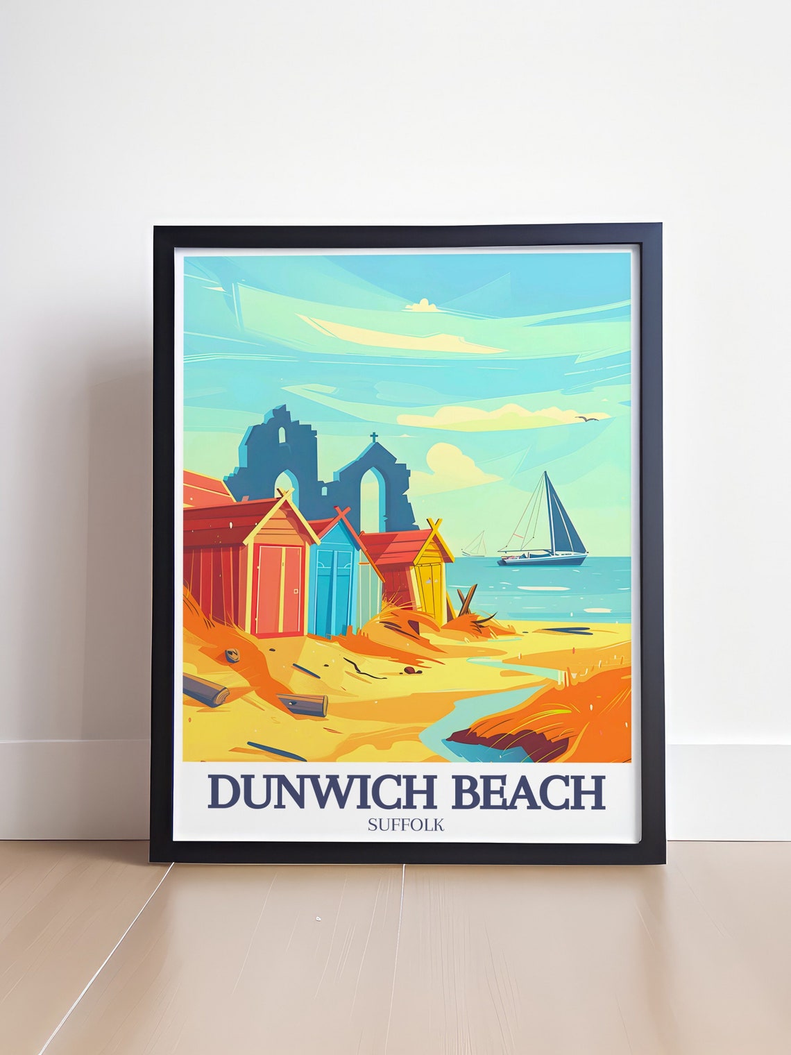 Dunwich Beach Suffolk Church Ruins Beach Huts Sailboats Poster - Image 4