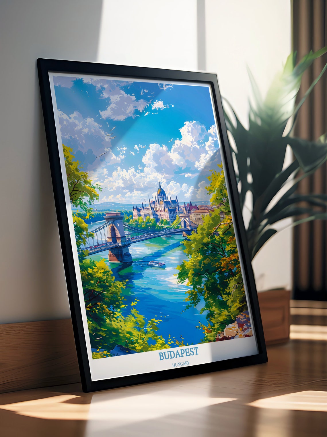 Budapest Hungary Chain Bridge Parliament Danube Overlook Travel Poster - Image 3