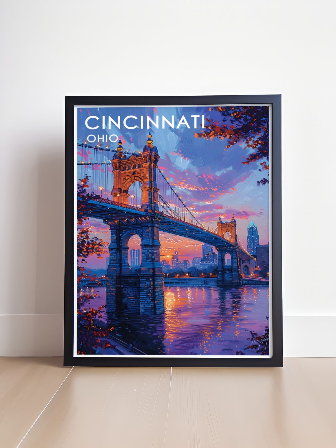 Cincinnati Ohio Roebling Bridge Glowing at Sunset Over River Poster - Image 4