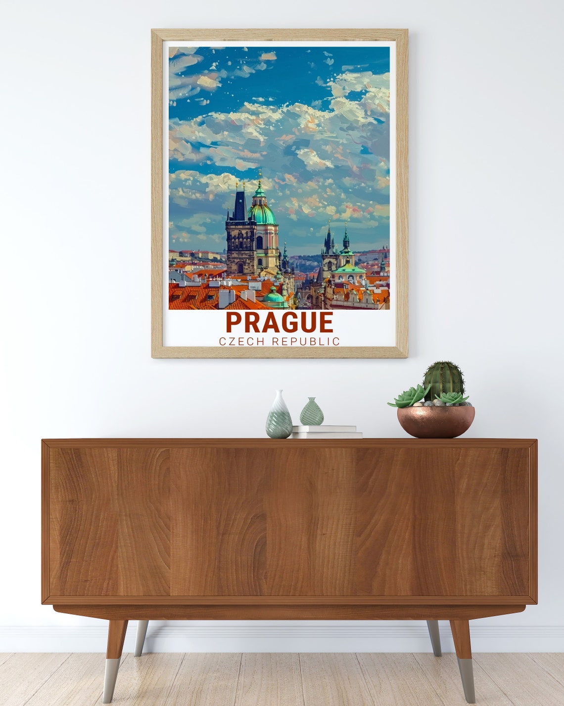 Prague Red Rooftops Green Dome Dramatic Skyline Czech Travel Poster - Image 3