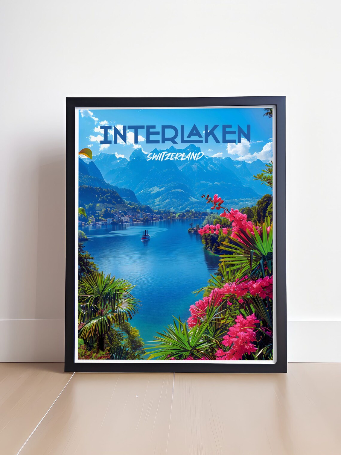 Interlaken Switzerland Sparkling Blue Lake Pink Blossoms Travel Poster - Image 4