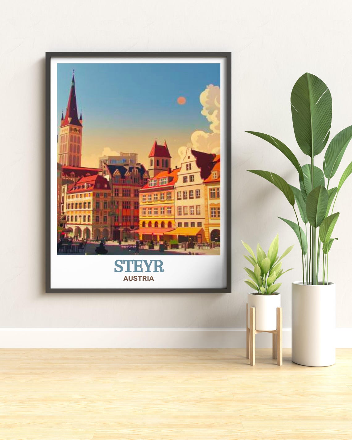 Steyr Austria Historic Town Square and Red Spire Tower Poster - Image 3