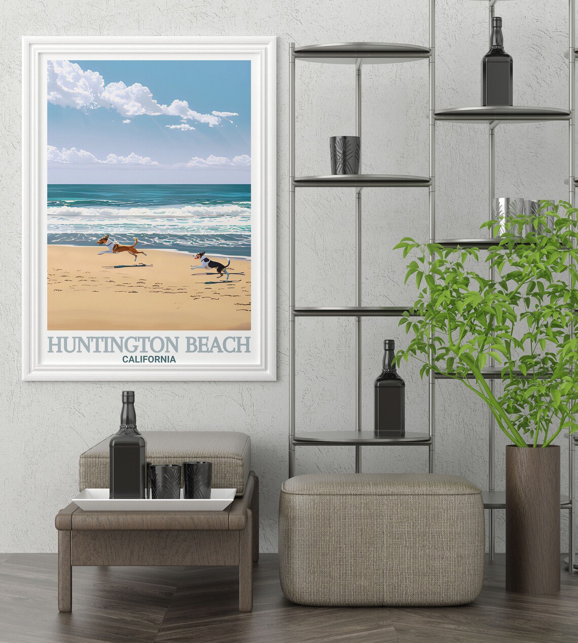 Huntington Beach California Happy Dogs Playing On Sand Poster - Image 2