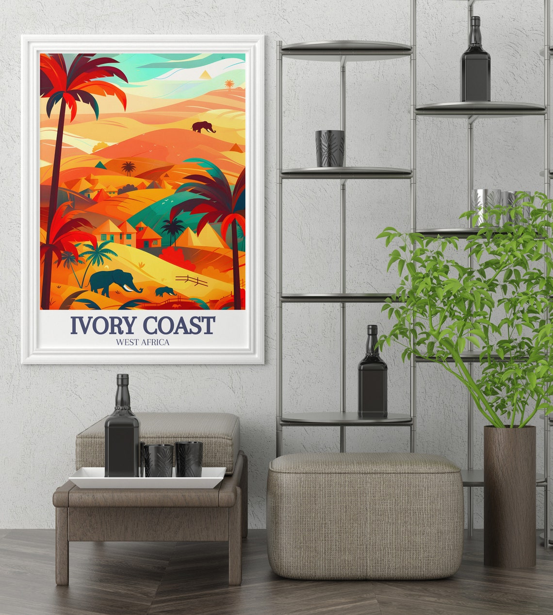 Ivory Coast West Africa Savanna Elephants Palm Sunset Art Poster - Image 2