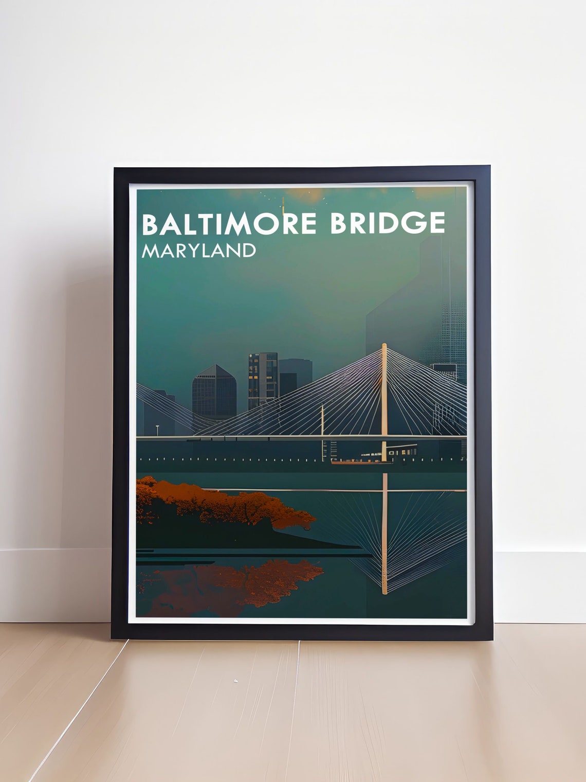 Baltimore Key Bridge Teal Dusk Reflection Minimal Travel Poster - Image 3