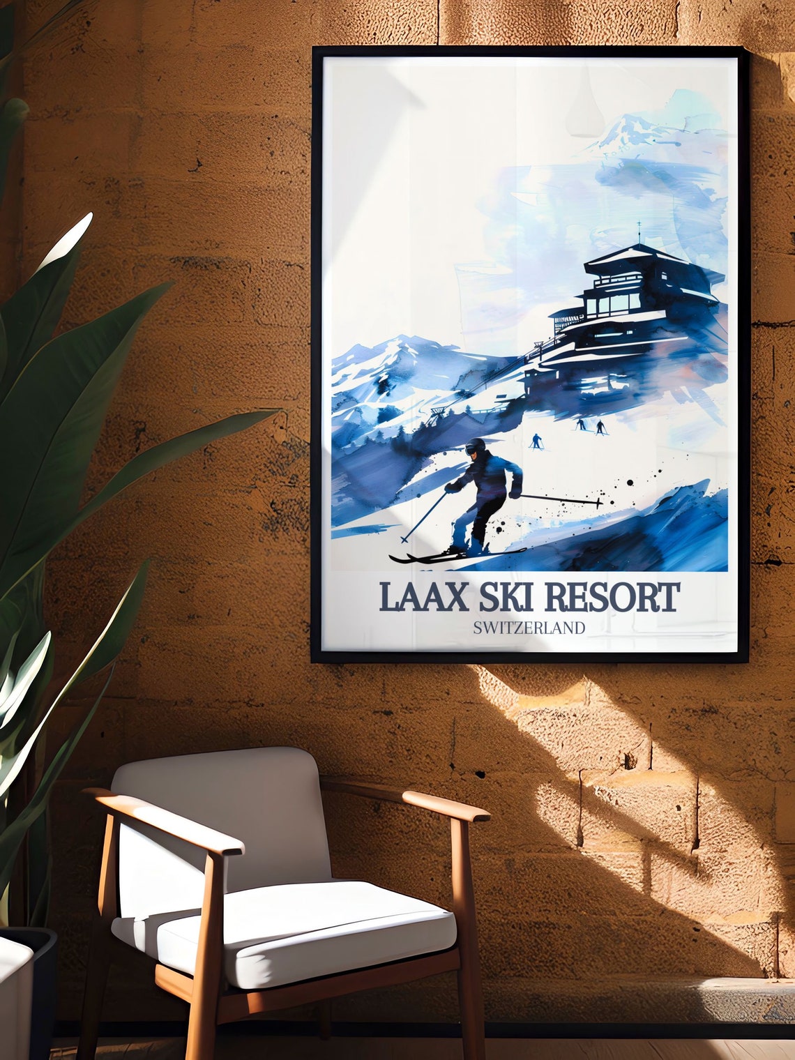 Laax Ski Resort Blue Watercolor Skier Switzerland Alpine Poster - Image 3