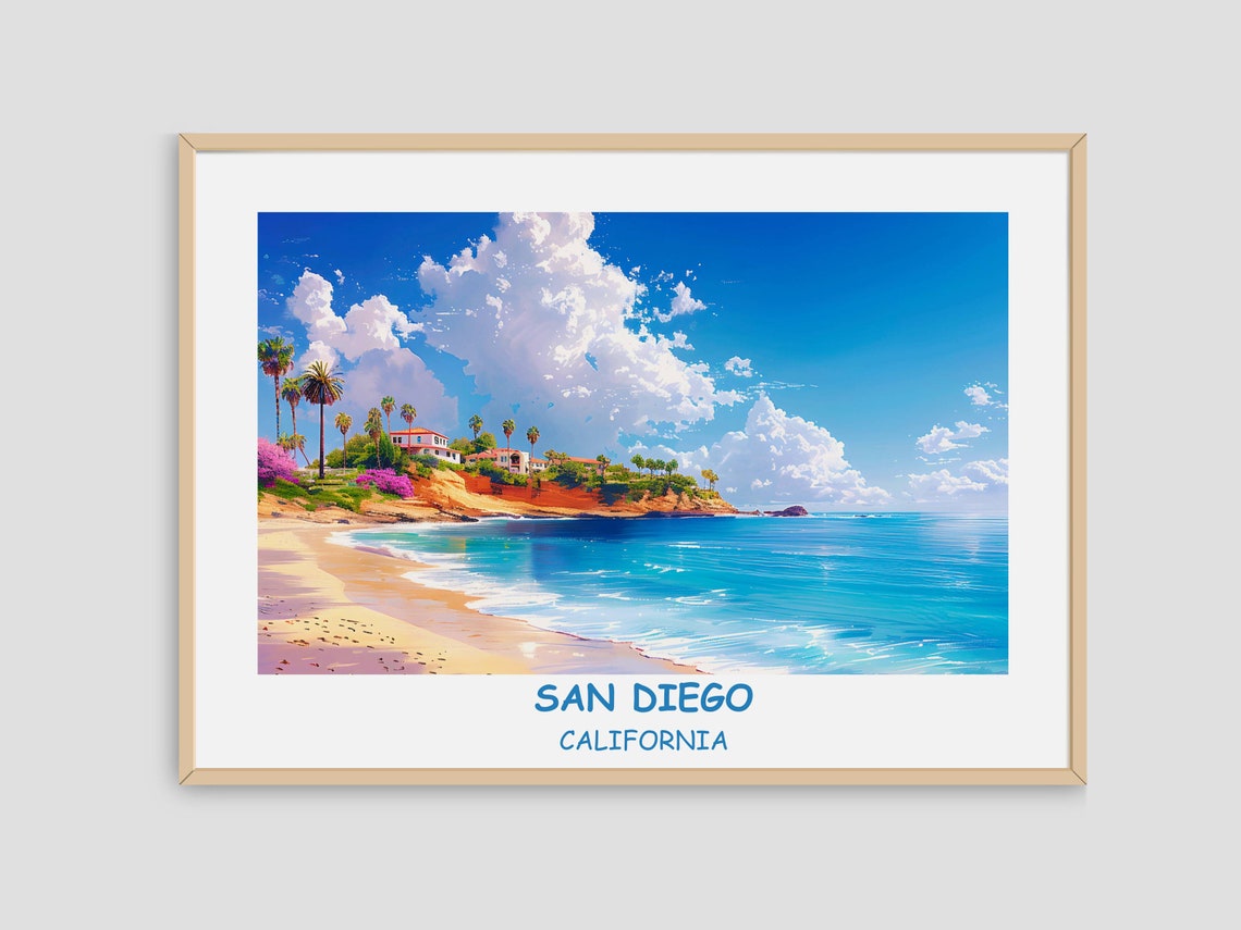 San Diego California Palm Beach Cliffs Summer Travel Poster Art - Image 4