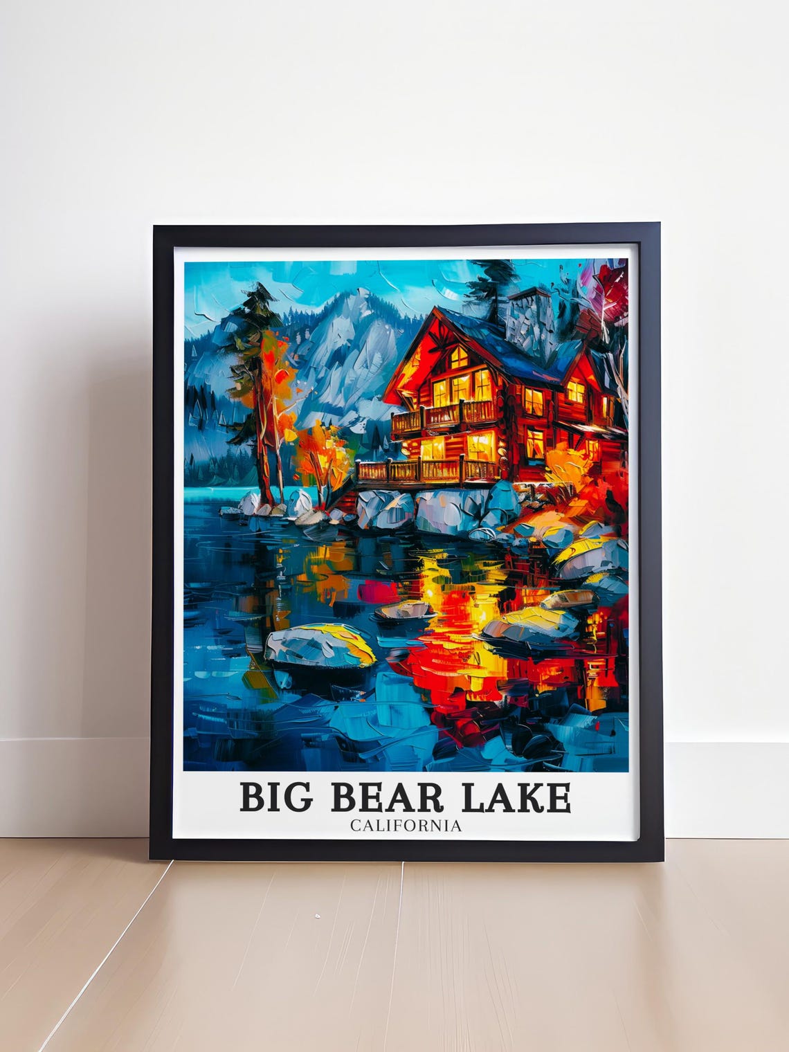 Big Bear Lake California Glowing Lakeside Cabin Autumn Night Art Poster - Image 4