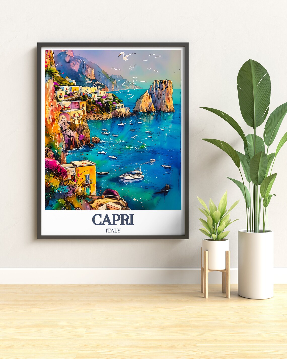 Capri Italy Marina Watercolor Boats Faraglioni Coast Travel Poster - Image 2