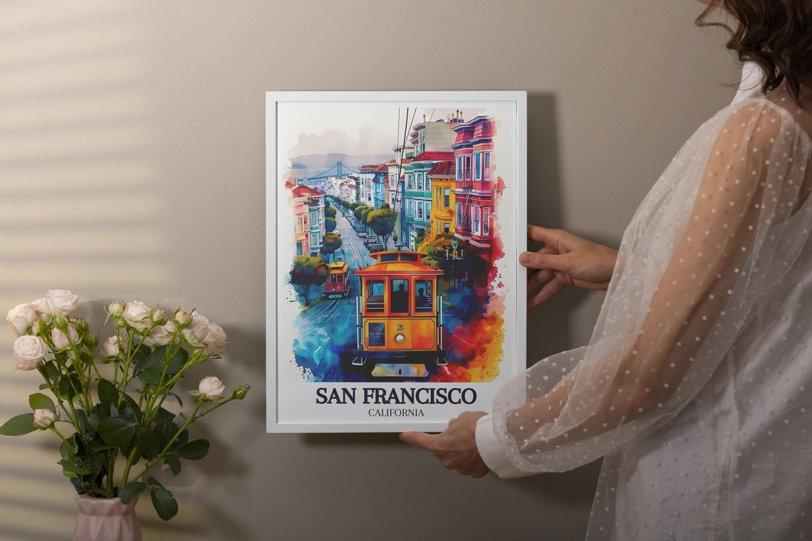 San Francisco California Cable Car Street Watercolor Art Poster - Image 2