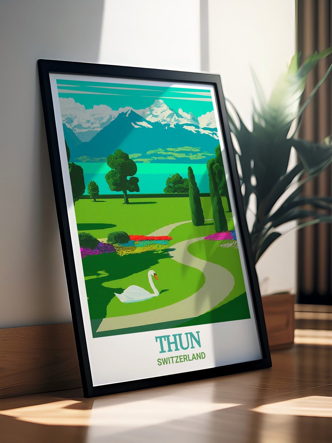 Thun Schadau Park Swan on Green Lakeside Gardens View Poster - Image 3