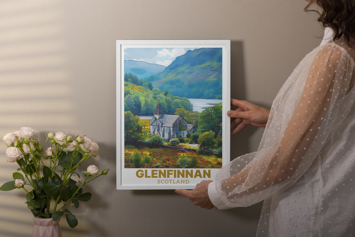 Glenfinnan Travel Poster Glenfinnan Church Print Scottish Highlands Artwork Vintage Travel Wall Art Scotland Scenic Poster - Image 3