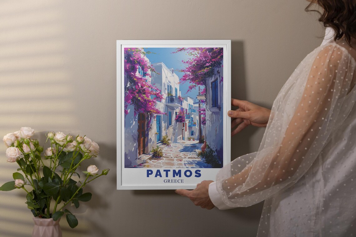 Patmos Greece Chora Alley Pink Bougainvillea Whitewash Wall Poster - Image 2