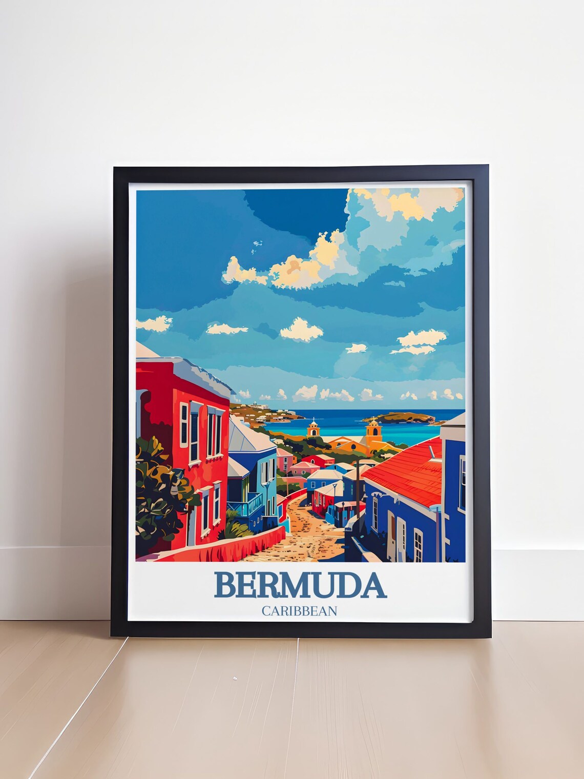Bermuda Colorful Colonial Street Red Blue Houses Sea View Poster - Image 4