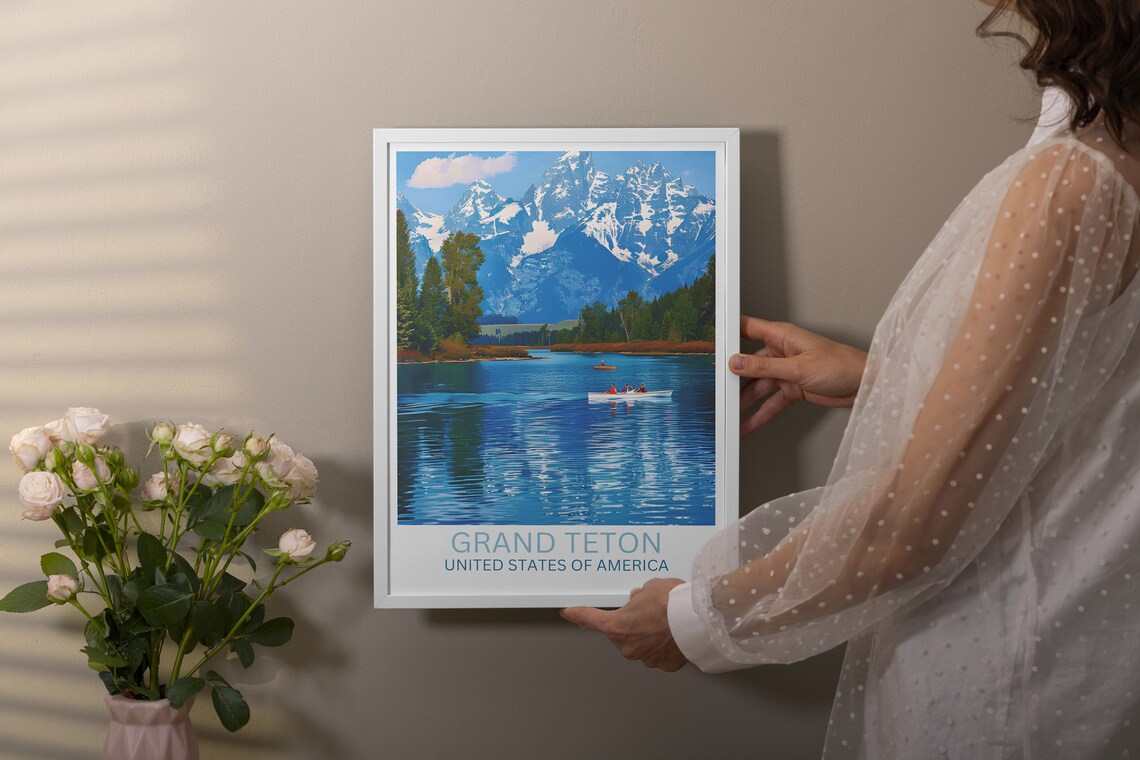 Grand Teton Lake Canoes Snow Peaks Daytime Adventure Travel Poster - Image 2