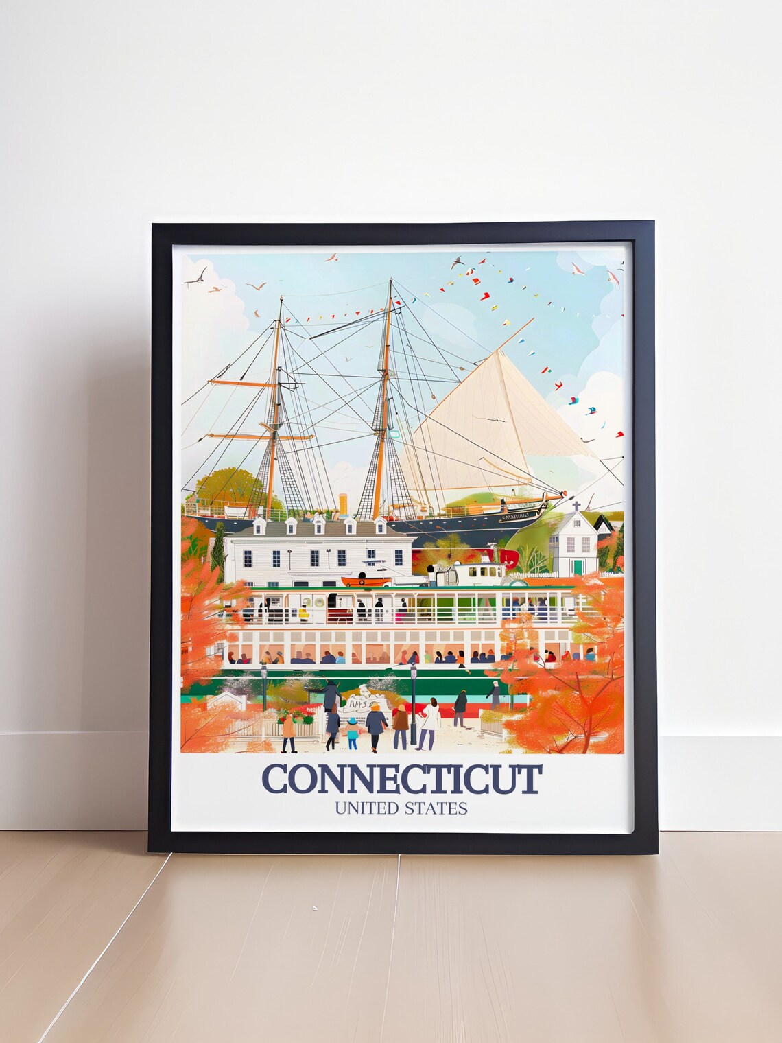 Connecticut Mystic Seaport Tall Ship Harbor Autumn Travel Poster - Image 4