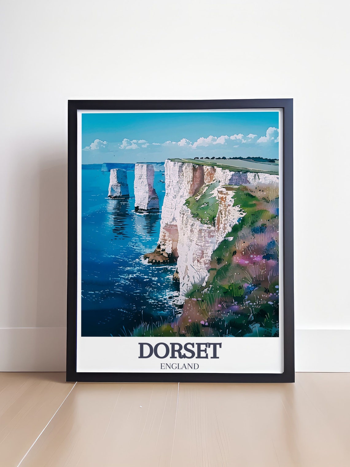 Dorset England Old Harry Rocks Chalk Stacks Above Deep Blue Poster - Image 4