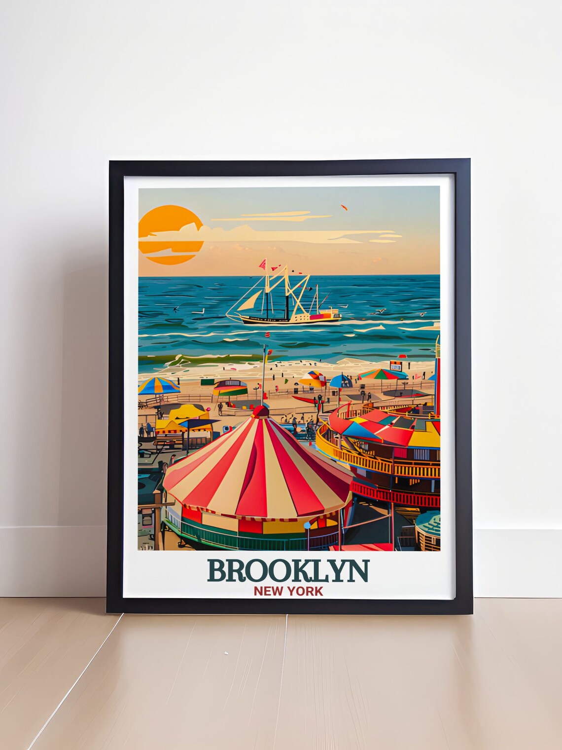 Brooklyn New York Coney Island Boardwalk Carousel Sunset Travel Poster - Image 4
