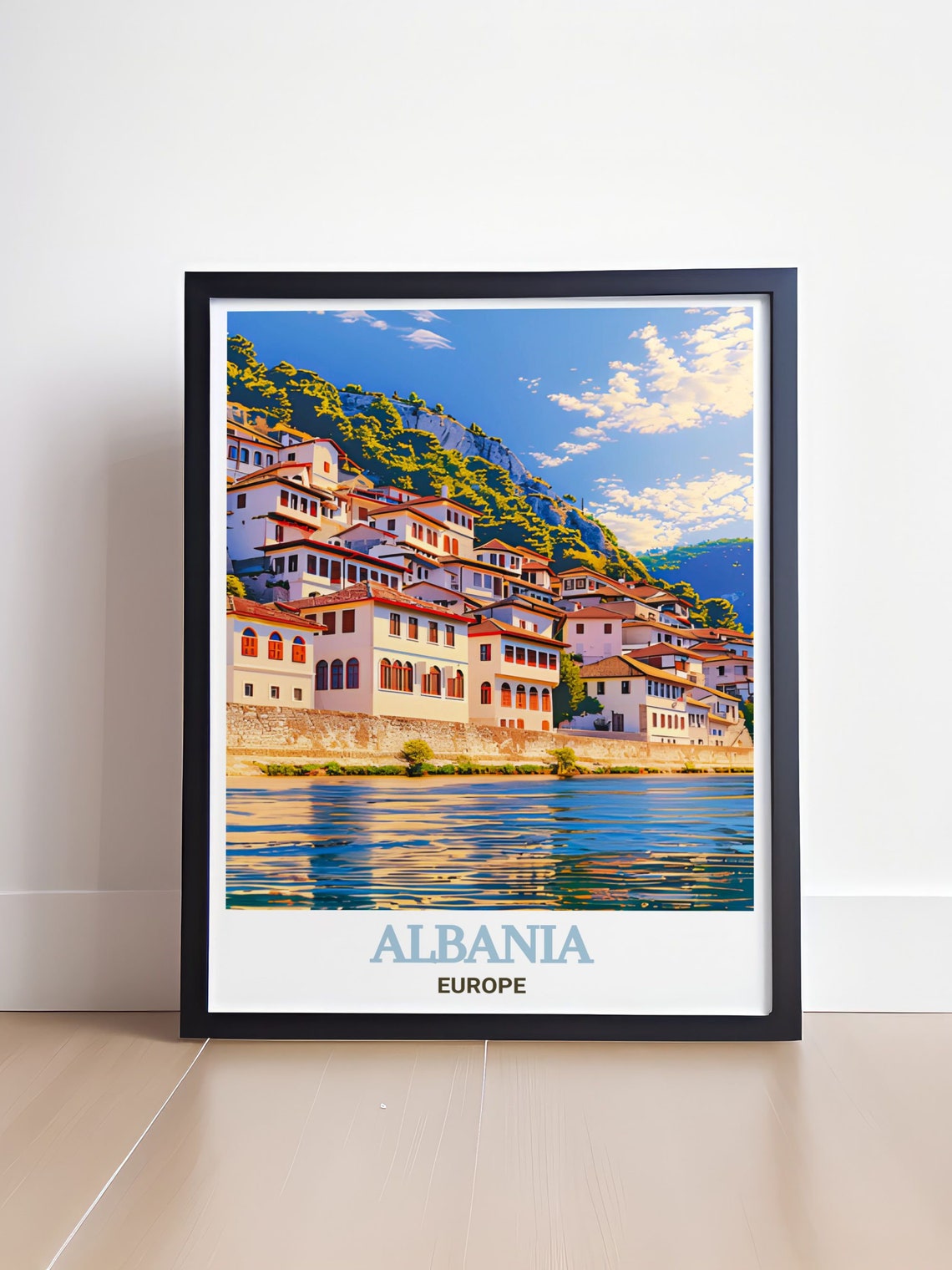Berat Ottoman Old Town Riverside Hillside Sunset Travel Art Poster - Image 4