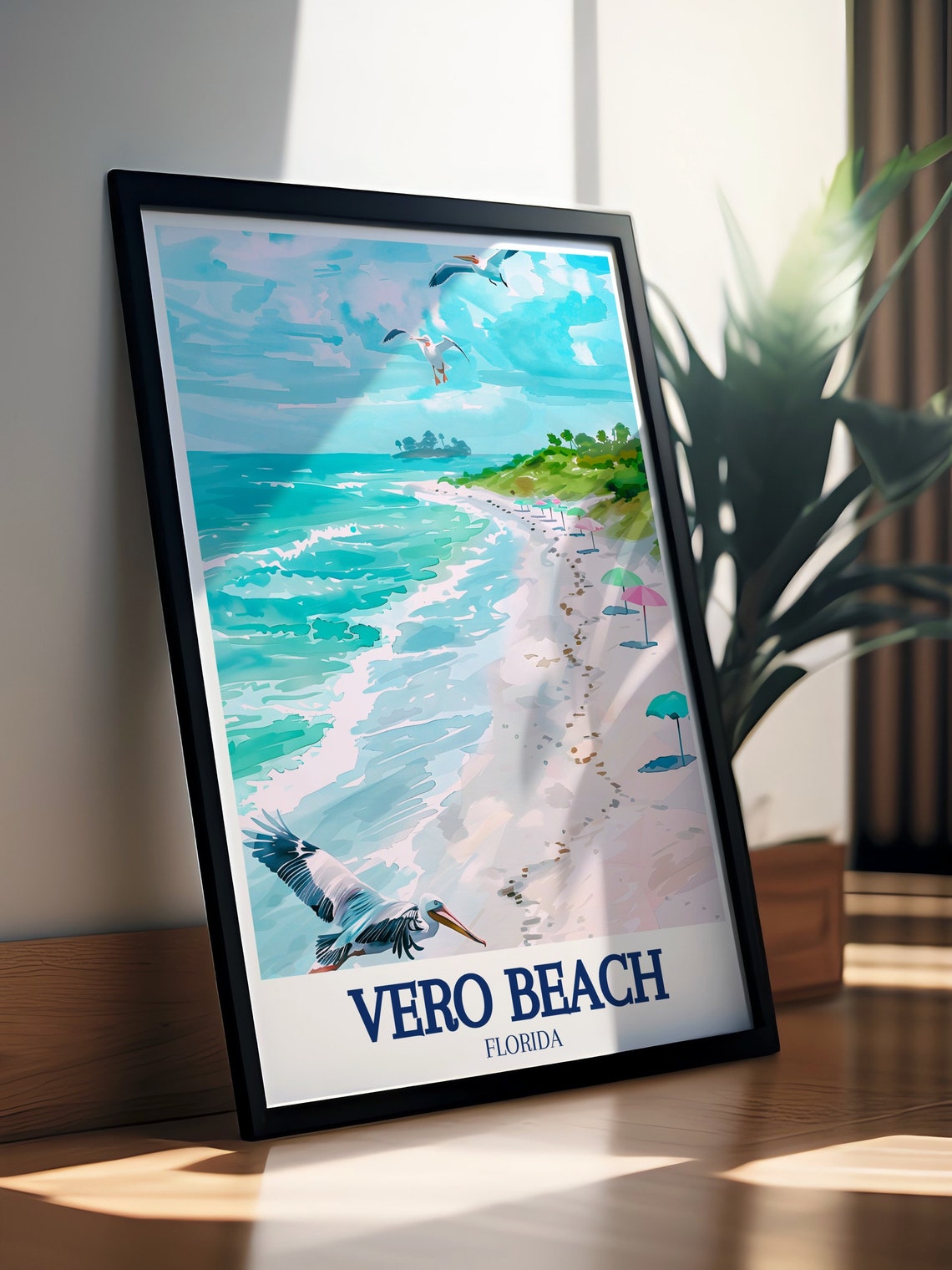Vero Beach Florida Watercolor Shore Pelicans Umbrellas Travel Poster - Image 2