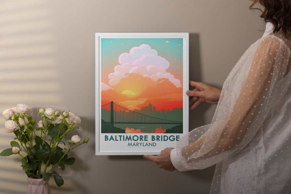 Baltimore Bridge Suspension Sunset Skyline Retro Travel Poster - Image 4