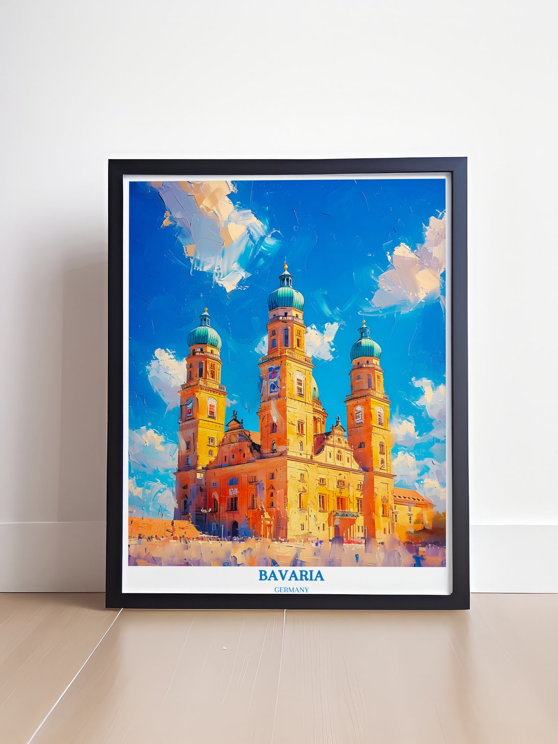 Bavaria Germany Baroque Cathedral Three Towers Blue Sky Travel Poster - Image 2