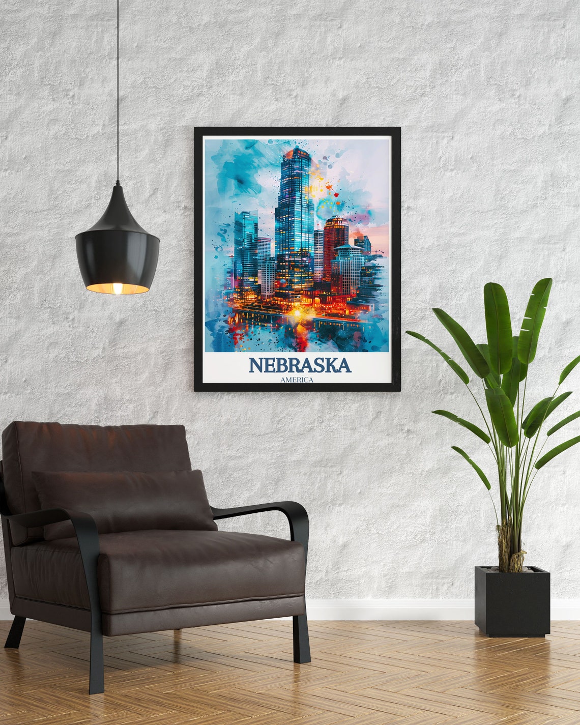 Omaha Downtown Glowing Skyline Watercolor at Dusk Nebraska Poster - Image 3