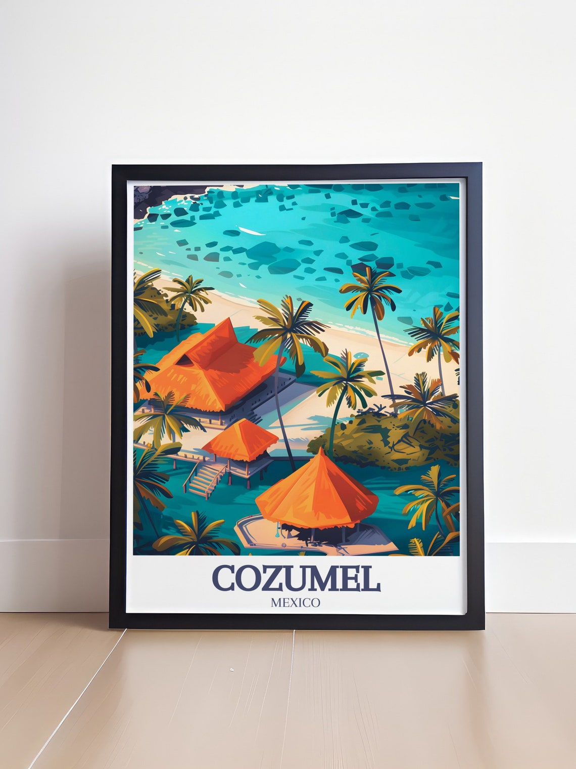 Cozumel Mexico Palm Beach Thatched Hut Tropical Travel Poster - Image 4