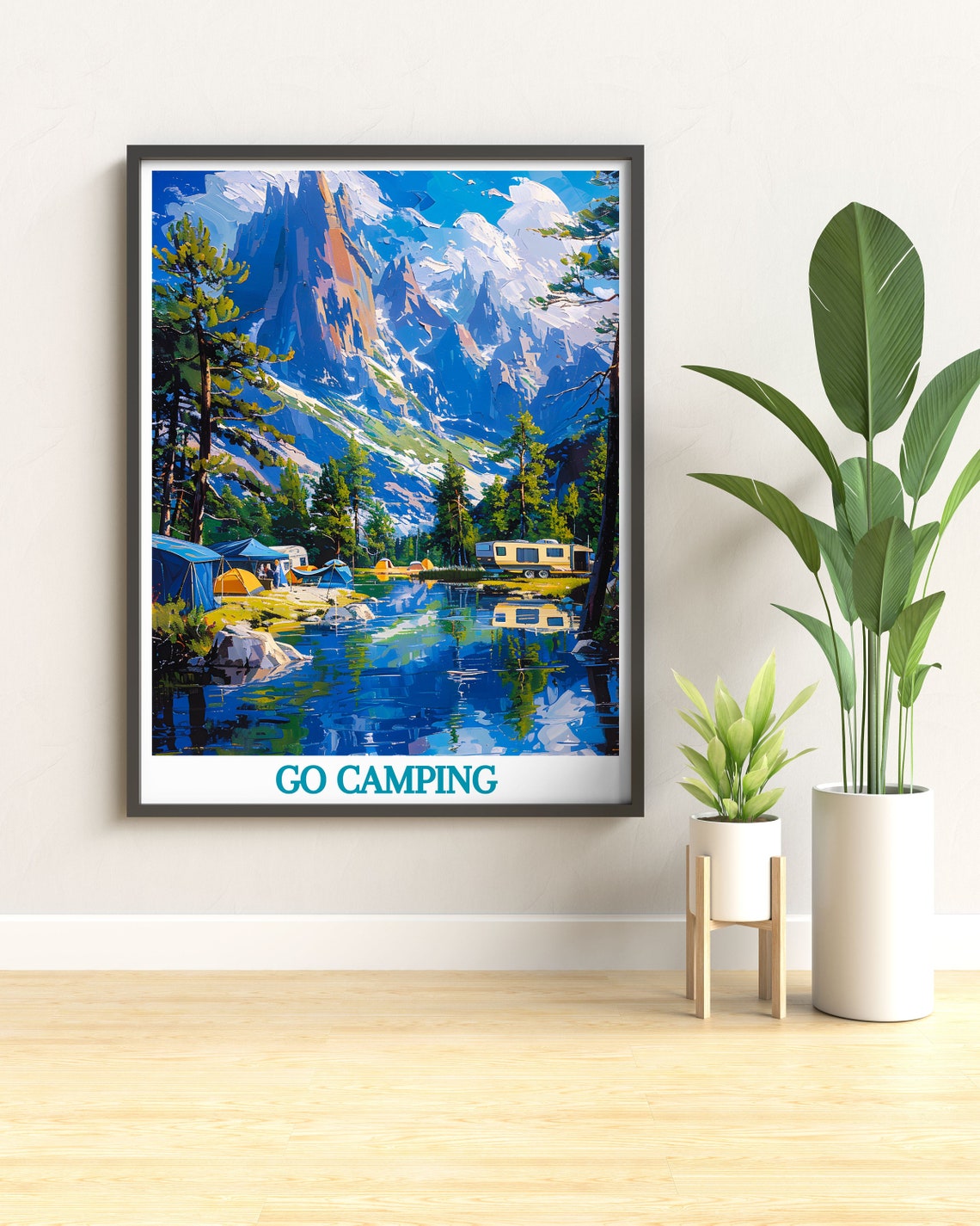 Go Camping Mountain Valley Poster Camper Van Alpine Lake Scene - Image 2