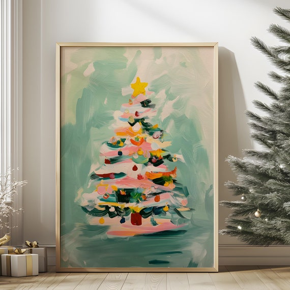 Boho Christmas Tree Art Print, Vintage Holiday Decor