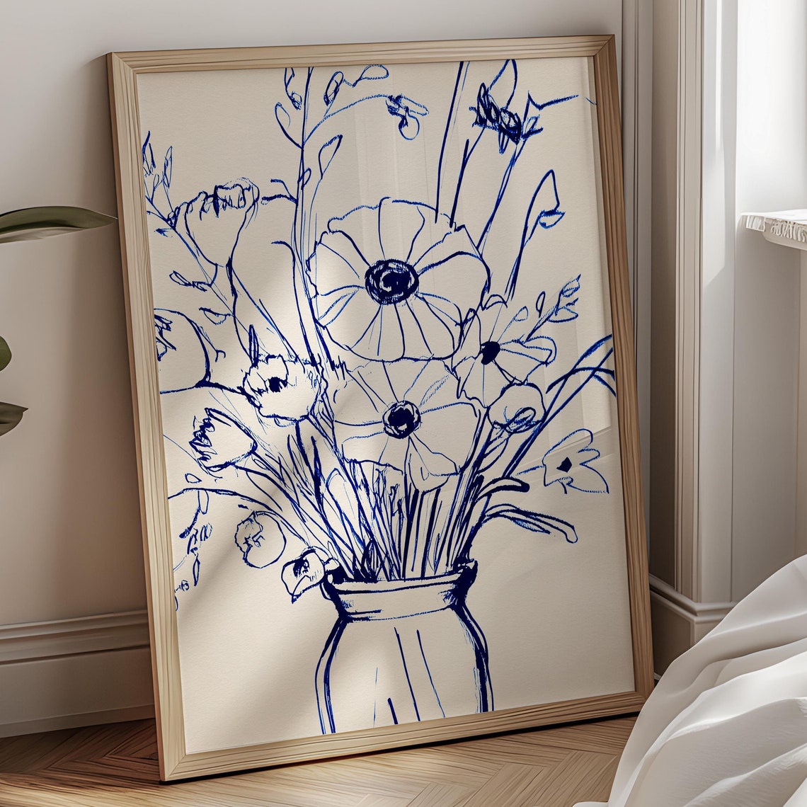 Blue Ink Anemone Flowers Vase Line Art Elegant Botanical Poster