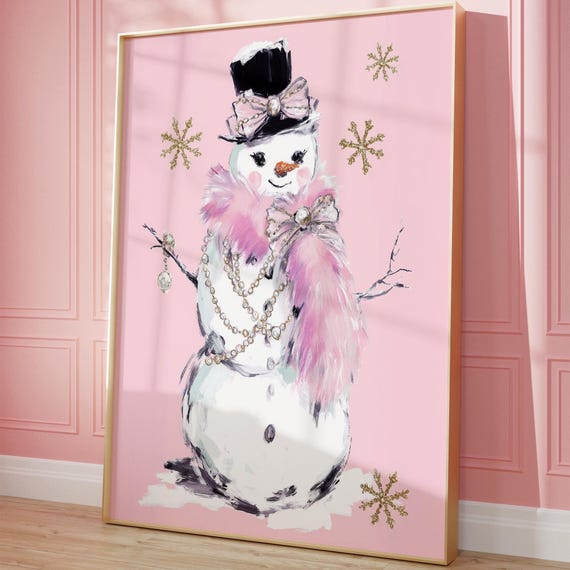 Watercolor Pink Snowman Glam Christmas Wall Art Feminine Holiday Decor Girly Coquette Winter Illustration