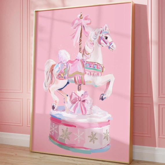 Pink Carousel Horse With Bows On Snowflake Base Whimsical Nursery Print