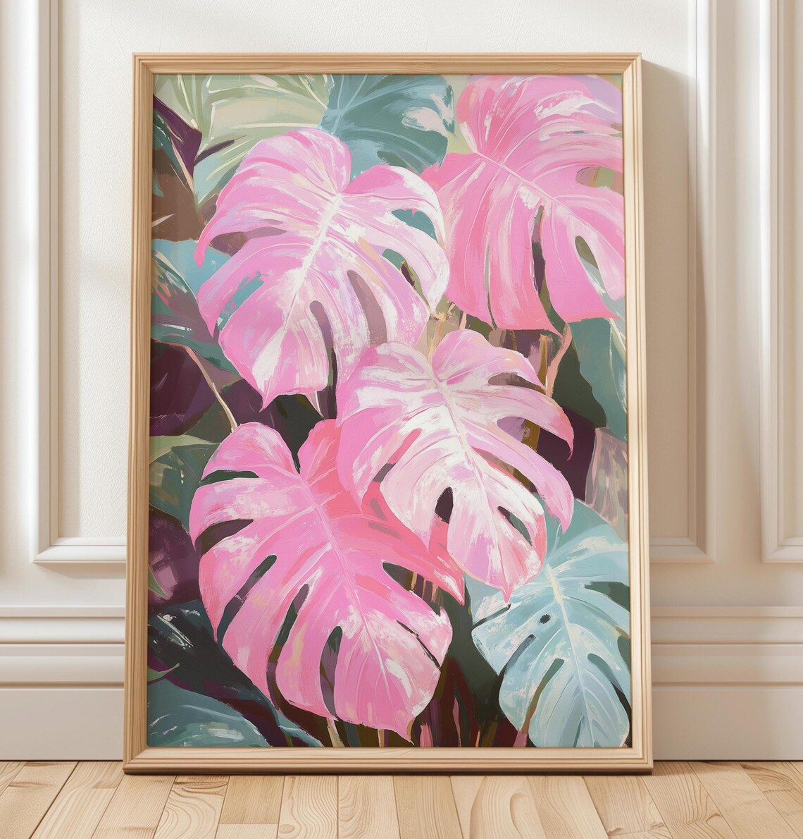 Pink Monstera Leaves Tropical Pastel Botanical Painting Poster