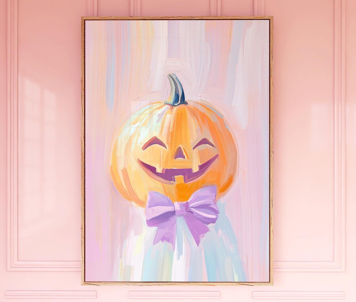 Pastel Pumpkin Halloween Jack O Lantern Art Print Fall Autumn Painting Wall October
