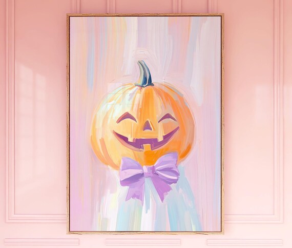 Pastel Pumpkin Halloween Jack O Lantern Art Print Fall Autumn Painting Wall October