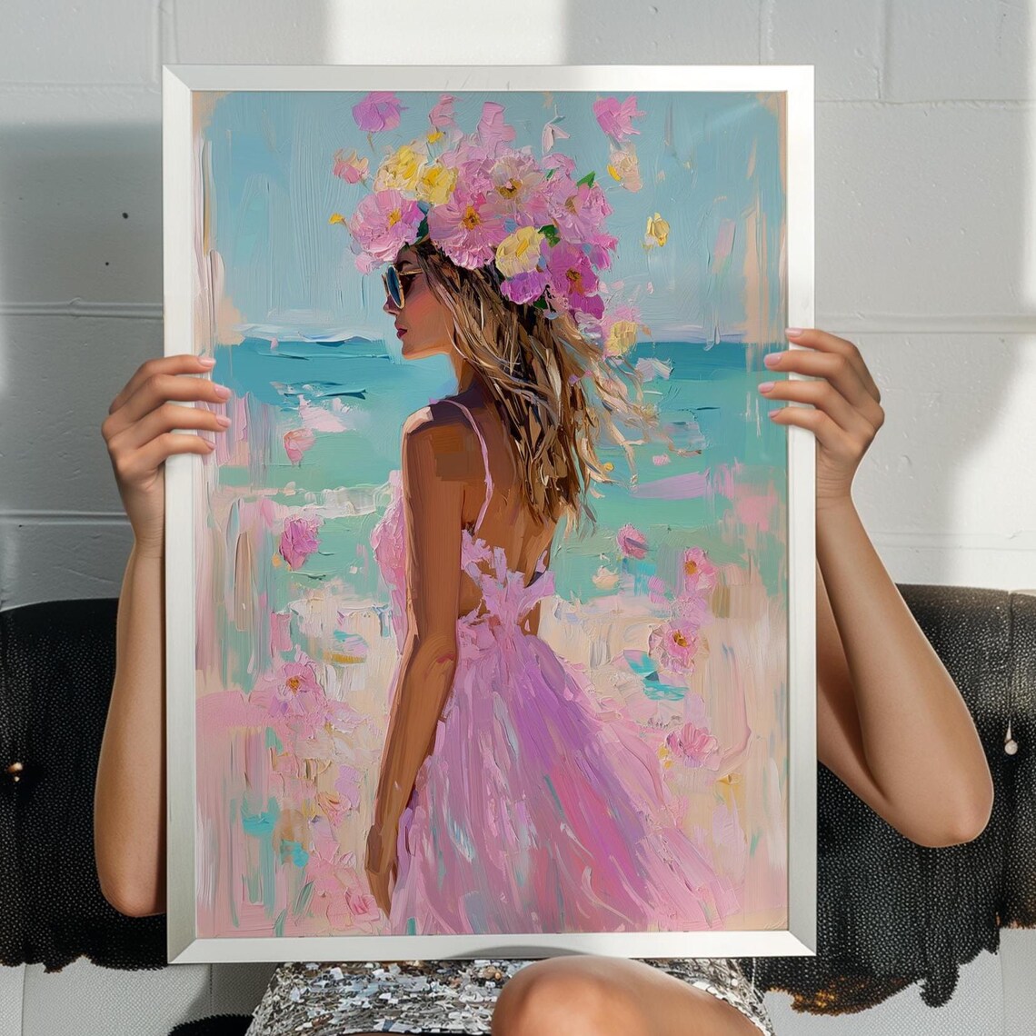 Beach Girl With Flower Crown, Coastal Decor Poster