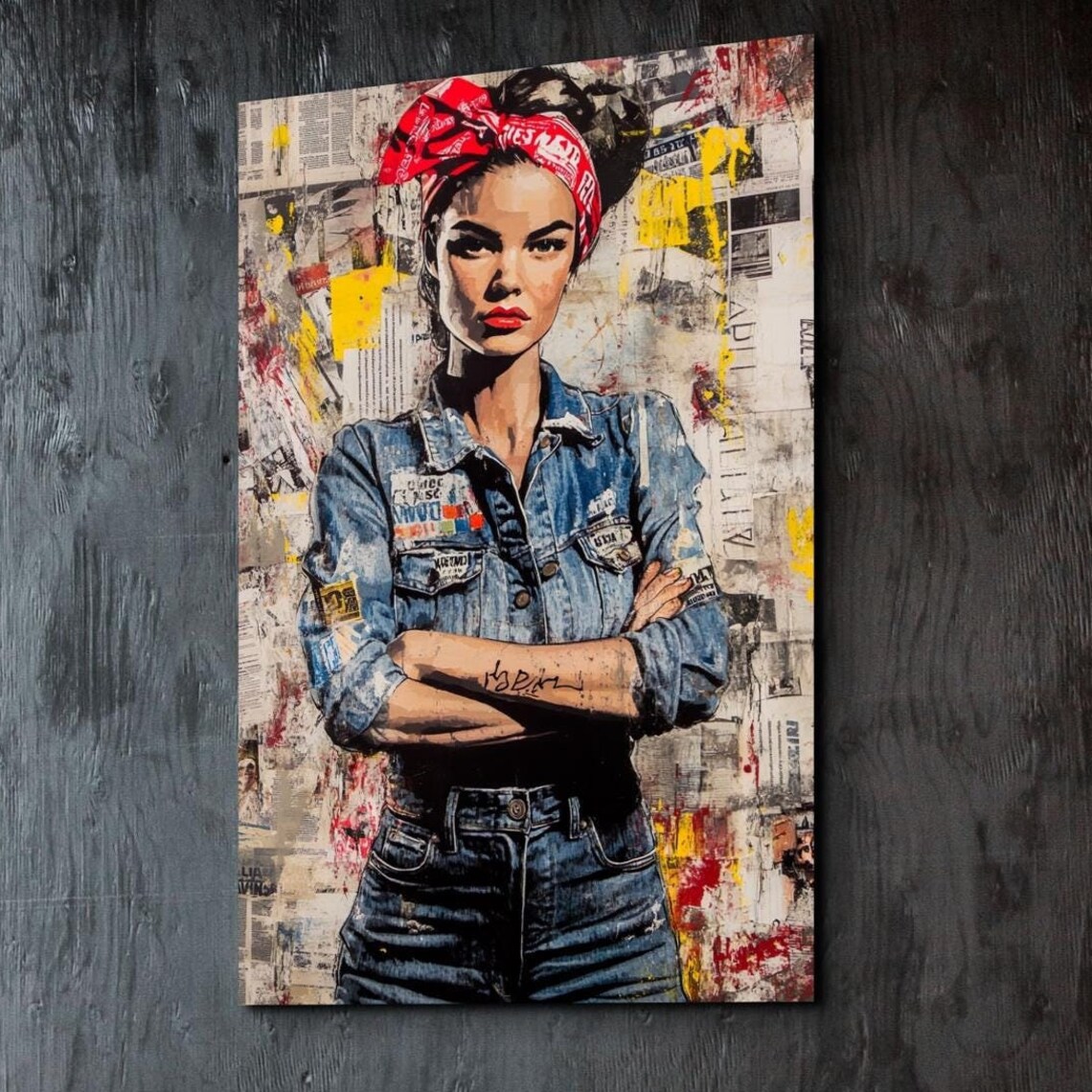 Rosie The Riveter Denim Street Art Portrait Red Bandana Art Poster